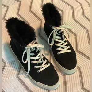 Hi-top Black Suede & Faux Fur Trim Sneakers